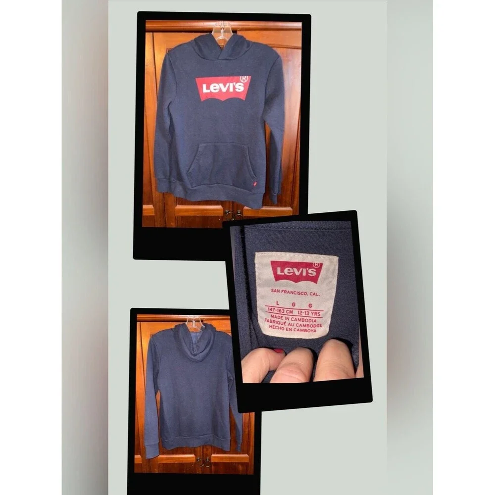 Levi's Men's Dark Blue Hoodie with Red Logo #1029